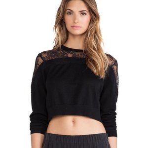 Tibi Cropped Chantilly Lace Black Merino wool‎ Cocktail Sweater Pullover Top